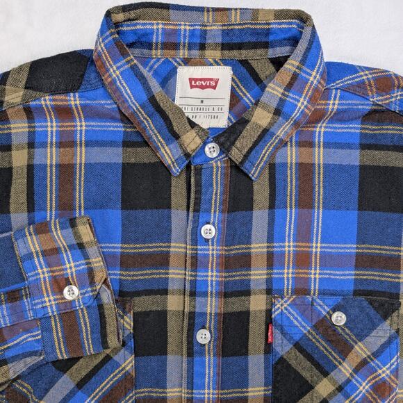 Levi's Mens Plaid Flannel Button Up Shirt Medium Long Sleeve Western Blue - Picture 1 of 7